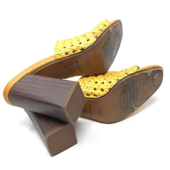 Zara Women's Sz 40 Yellow Braided Woven Faux Leather Slip-On Mule Wedge Sandals - Picture 7 of 7